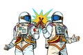 Two astronauts drink beer. Male friendship