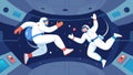 Two astronauts engage in a zerogravity jiujitsu match inside their spacecraft using the walls and ceilings as leverage Royalty Free Stock Photo