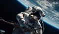 Two astronauts explore the galaxy, orbiting dangerous nebula and planets generated by AI