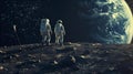 Two astronauts exploring the lunar surface, AI-generated.