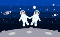 Two astronauts float in space holding hands. Happy man and woman in space suits smiling.