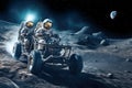 Two astronauts on a moon buggy expedition, concept of space technology and moon exploration. Generative AI