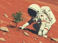 two astronauts planting a tree on mars, collaborative effort, red planet