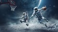 Two astronauts in a protective suit play basketball on an alien planet