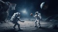 Two astronauts in a protective suit play basketball on an alien planet