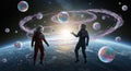 Two astronauts, in red and black suits, float above Earth surrounded by luminous, Royalty Free Stock Photo