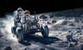 Two astronauts riding a space rover across the moon\'s landscape