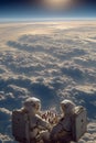Two astronauts in space, playing chess on a floating board above the clouds, with a stunning view of Earth and the atmosphere Royalty Free Stock Photo