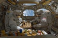Two astronauts in space suits are engaged in a chess game inside a spacecraft, surrounded by colorful containers and Earth visible Royalty Free Stock Photo