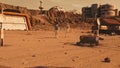 Two astronauts walk on Mars surface near scientific base