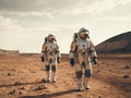Two Astronauts in SpaceSuits exploring unknown planet Royalty Free Stock Photo
