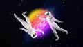 Two astronauts in spacesuits reach out to each other in a glowing nebula, science fiction