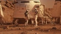 Two astronauts in spacesuits walk toward base on Mars