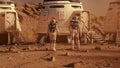 Two astronauts in spacesuits walk toward base on Mars