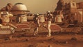 Two astronauts walk toward research station on Mars