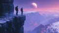 Two astronauts standing on a rocky alien cliff, overlooking a glowing, otherworldly landscape with a pink moon in the Royalty Free Stock Photo