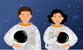 Two astronauts are standing on starry sky background. Man and woman cosmonauts portrait. Royalty Free Stock Photo