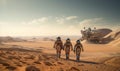 Photo of two astronauts walking through the desert towards a space station