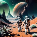 two astronauts walking in a martian like environment with a planet in the background