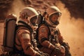 Two Astronauts Wearing Space Suit on Mars, Desert, Dusty Air, Rocky Environment, Generative Ai