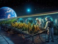 Two astronauts working on a space based farm