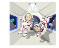 Two Astronauts in Zero Gravity Cabin Airplane Shuttle Cartoon Royalty Free Stock Photo