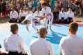 Two athletes perform karate moves in a white kimono.