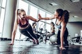 Two attractive fitness girls doing push ups. Royalty Free Stock Photo