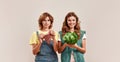 Two attractive young girls, twin sisters in casual wear holding fresh green salad and piece of meat isolated over light