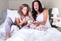 Two attratcive women sitting in bed and viewing TV