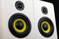 Two audio speakers on a black background. Yellow subwoofer, minimalism