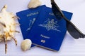 Two Australian passports with sunglasses and seashells on white