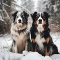 two Australian Shepherds sitting on snow