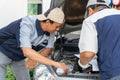 Two Auto repairman checks the engine and cooling system before traveling on a long holiday. Concept of Car care and maintenance