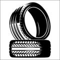 Two automobile rubber tires without discs. Vector monochrome illustration. Template for design