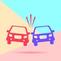 flat lay concept of car crash icon with shadow on pastel colored blue and pink background