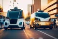 Two autonomous futuristic delivery car in a city, illustration ai generative