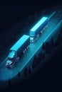 Two autonomously driven trucks driving side by side using AI to coordinate their route. . AI generation