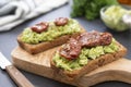 Two avocado sandwiches. Rye bread with guakomole, avocado pasta and dried tomatoes, on wooden cutting board. Avocado toast Royalty Free Stock Photo