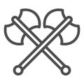 Two axes line icon. Crossed double axe, battle item symbol, outline style pictogram on white background. Warfare or Royalty Free Stock Photo