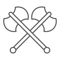 Two axes thin line icon. Crossed double axe, battle item symbol, outline style pictogram on white background. Warfare or Royalty Free Stock Photo