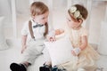 Two babies wedding - boy and girl dressed as bride and groom Royalty Free Stock Photo