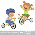 Two baby boy and girl ride a bike