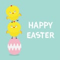 Two baby chick bird friends standing on painting pink egg. Happy Easter Chicken pyramid family set. Farm animal. Cute cartoon funn Royalty Free Stock Photo