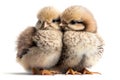 Two baby chicken cubs cuddle together on a white background. Generative AI Royalty Free Stock Photo