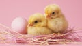 Two baby chicks in a nest with an egg on pink background, AI Royalty Free Stock Photo