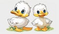 Two baby ducks with blue eyes standing on grass