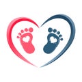 Two baby footprints in the shape of a heart. Red and blue symbol of a newborn in a heart.Newborn icons, stickers