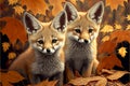 Two baby foxes sitting in fall leaves