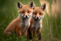 Two baby foxes sitting in grass